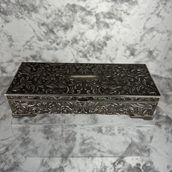 Vintage 1992 Godinger Silver Jewelry Box 9" X 3-7/8" Floral Vine High Relief - Picture 4 of 10